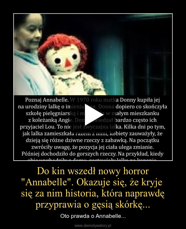Do kin wszedł nowy horror"Annabelle". Okazuje się, że kryje się za nim historia, która naprawdę przyprawia o gęsią skórkę... – Oto prawda o Annabelle... 