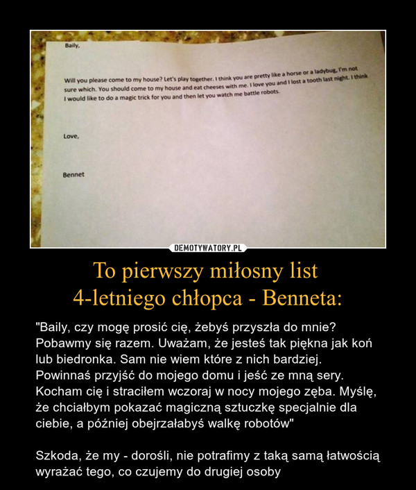To pierwszy miłosny list 
4-letniego chłopca - Benneta: