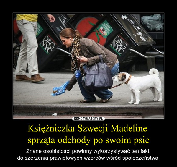 Księżniczka Szwecji Madeline sprząta odchody po swoim psie – Znane osobistości powinny wykorzystywać ten fakt do szerzenia prawidłowych wzorców wśród społeczeństwa. 