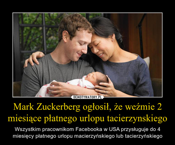 Mark Zuckerberg ogłosił, że weźmie 2 miesiące płatnego urlopu tacierzynskiego – Wszystkim pracownikom Facebooka w USA przysługuje do 4 miesięcy płatnego urlopu macierzyńskiego lub tacierzyńskiego 