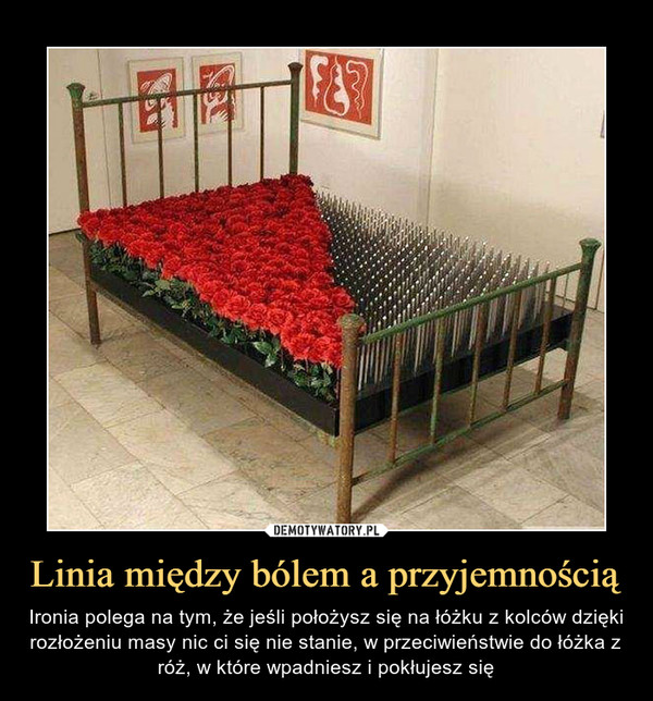 Linia między bólem a przyjemnością – Ironia polega na tym, że jeśli położysz się na łóżku z kolców dzięki rozłożeniu masy nic ci się nie stanie, w przeciwieństwie do łóżka z róż, w które wpadniesz i pokłujesz się 