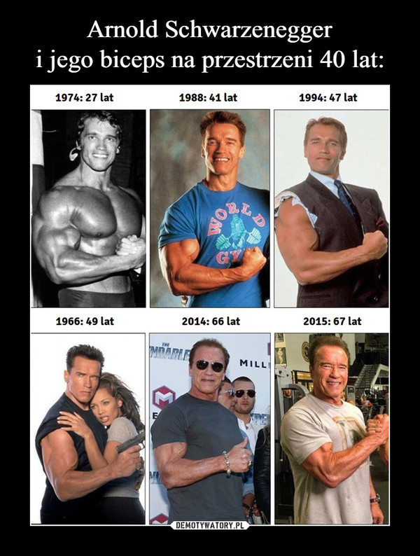 Arnold Schwarzenegger
i jego biceps na przestrzeni 40 lat: