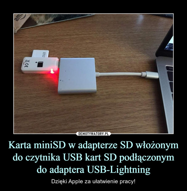Karta miniSD w adapterze SD włożonym do czytnika USB kart SD podłączonym do adaptera USB-Lightning – Dzięki Apple za ułatwienie pracy! 