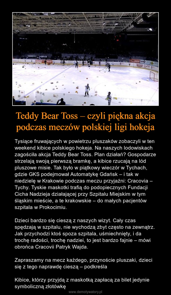 Teddy Bear Toss – czyli piękna akcja podczas meczów polskiej ligi hokeja – Tysiące fruwających w powietrzu pluszaków zobaczyli w ten weekend kibice polskiego hokeja. Na naszych lodowiskach zagościła akcja Teddy Bear Toss. Plan działań? Gospodarze strzelają swoją pierwszą bramkę, a kibice rzucają na lód pluszowe misie. Tak było w piątkowy wieczór w Tychach, gdzie GKS podejmował Automatykę Gdańsk – i tak w niedzielę w Krakowie podczas meczu przyjaźni: Cracovia – Tychy. Tyskie maskotki trafią do podopiecznych Fundacji Cicha Nadzieja działającej przy Szpitalu Miejskim w tym śląskim mieście, a te krakowskie – do małych pacjentów szpitala w Prokocimiu.Dzieci bardzo się cieszą z naszych wizyt. Cały czas spędzają w szpitalu, nie wychodzą zbyt często na zewnątrz. Jak przychodzi ktoś spoza szpitala, uśmiechnięty, i da trochę radości, trochę nadziei, to jest bardzo fajnie – mówi obrońca Cracovii Patryk Wajda.Zapraszamy na mecz każdego, przynoście pluszaki, dzieci się z tego naprawdę cieszą – podkreślaKibice, którzy przyjdą z maskotką zapłacą za bilet jedynie symboliczną złotówkę 