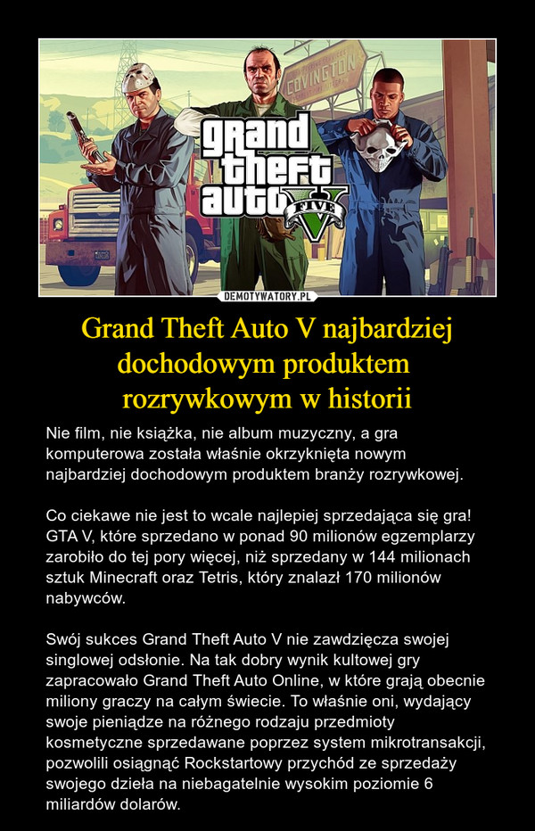 Grand Theft Auto V najbardziej dochodowym produktem 
rozrywkowym w historii