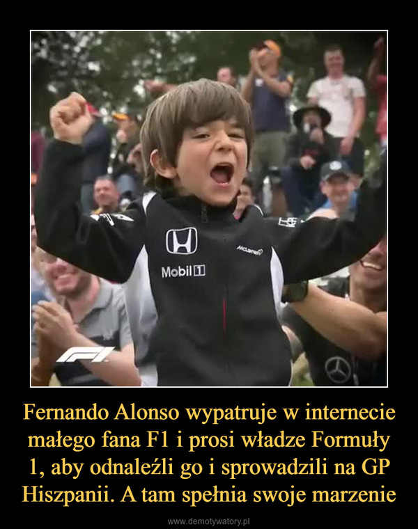 Fernando Alonso wypatruje w internecie małego fana F1 i prosi władze Formuły 1, aby odnaleźli go i sprowadzili na GP Hiszpanii. A tam spełnia swoje marzenie –  