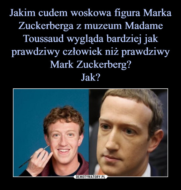 Jakim cudem woskowa figura Marka Zuckerberga z muzeum Madame Toussaud wygląda bardziej jak prawdziwy człowiek niż prawdziwy Mark Zuckerberg?
Jak?