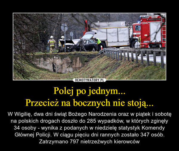 Polej po jednym...Przecież na bocznych nie stoją... – W Wigilię, dwa dni świąt Bożego Narodzenia oraz w piątek i sobotę na polskich drogach doszło do 285 wypadków, w których zginęły 34 osoby - wynika z podanych w niedzielę statystyk Komendy Głównej Policji. W ciągu pięciu dni rannych zostało 347 osób. Zatrzymano 797 nietrzeźwych kierowców 