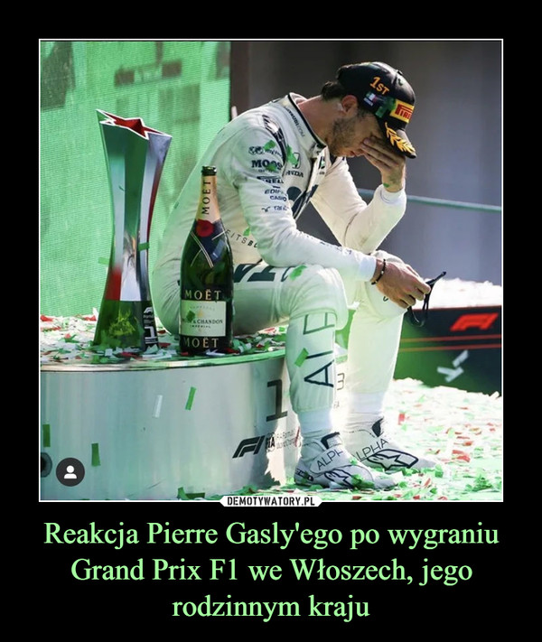 Reakcja Pierre Gasly'ego po wygraniu Grand Prix F1 we Włoszech, jego rodzinnym kraju