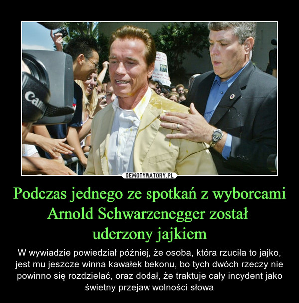 Podczas jednego ze spotkań z wyborcami Arnold Schwarzenegger został 
uderzony jajkiem