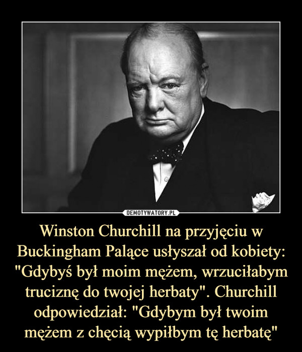 Winston Churchill na przyjęciu w Buckingham Palące usłyszał od kobiety: "Gdybyś był moim mężem, wrzuciłabym truciznę do twojej herbaty". Churchill odpowiedział: "Gdybym był twoim mężem z chęcią wypiłbym tę herbatę" –  