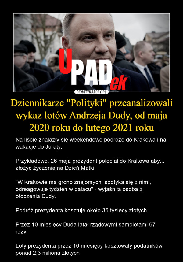 Dziennikarze "Polityki" przeanalizowali wykaz lotów Andrzeja Dudy, od maja 2020 roku do lutego 2021 roku