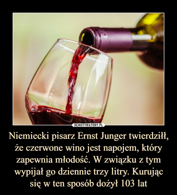 Niemiecki pisarz Ernst Junger twierdziłł, że czerwone wino jest napojem, który zapewnia młodość. W związku z tym wypijał go dziennie trzy litry. Kurując się w ten sposób dożył 103 lat –  
