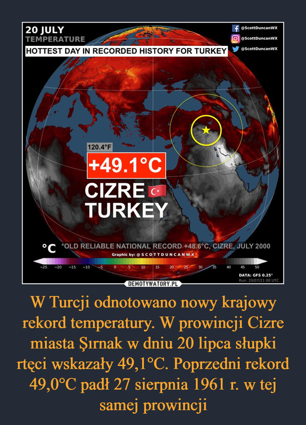 W Turcji odnotowano nowy krajowy rekord temperatury. W prowincji Cizre miasta Şırnak w dniu 20 lipca słupki rtęci wskazały 49,1°C. Poprzedni rekord 49,0°C padł 27 sierpnia 1961 r. w tej samej prowincji –  