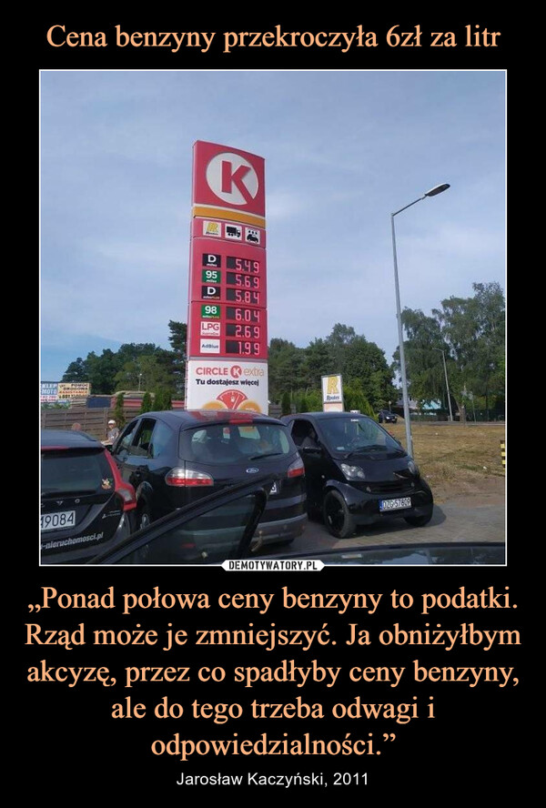 „Ponad połowa ceny benzyny to podatki. Rząd może je zmniejszyć. Ja obniżyłbym akcyzę, przez co spadłyby ceny benzyny, ale do tego trzeba odwagi i odpowiedzialności.” – Jarosław Kaczyński, 2011 