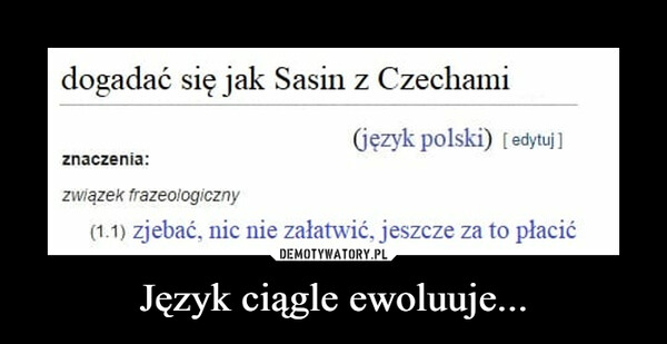 Język ciągle ewoluuje... –  dogadać się jak Sasin z Czechami(językpolski) [edytuj]znaczenia:związek frazeologiczny(1.1) zjebać. nic nie załatwić, jeszcze za to płacić