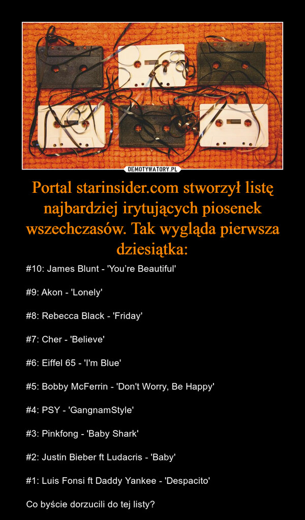 Portal starinsider.com stworzył listę najbardziej irytujących piosenek wszechczasów. Tak wygląda pierwsza dziesiątka: – #10: James Blunt - 'You’re Beautiful' #9: Akon - 'Lonely' #8: Rebecca Black - 'Friday' #7: Cher - 'Believe'#6: Eiffel 65 - 'I'm Blue'#5: Bobby McFerrin - 'Don't Worry, Be Happy' #4: PSY - 'GangnamStyle'#3: Pinkfong - 'Baby Shark' #2: Justin Bieber ft Ludacris - 'Baby' #1: Luis Fonsi ft Daddy Yankee - 'Despacito' Co byście dorzucili do tej listy? 