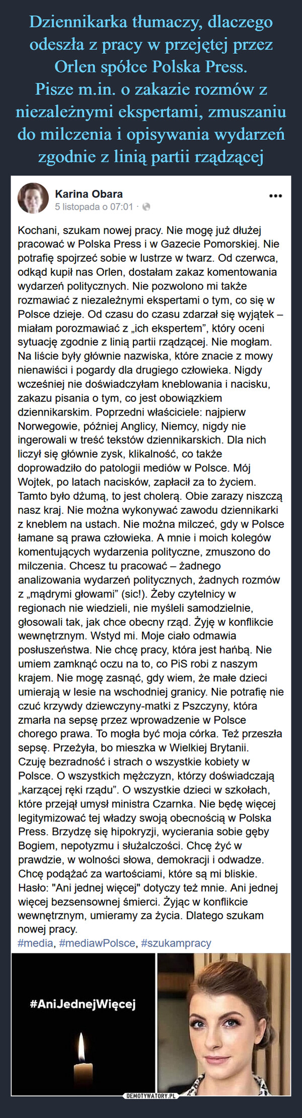Dziennikarka tłumaczy, dlaczego odeszła z pracy w przejętej przez Orlen spółce Polska Press.
Pisze m.in. o zakazie rozmów z niezależnymi ekspertami, zmuszaniu do milczenia i opisywania wydarzeń zgodnie z linią partii rządzącej