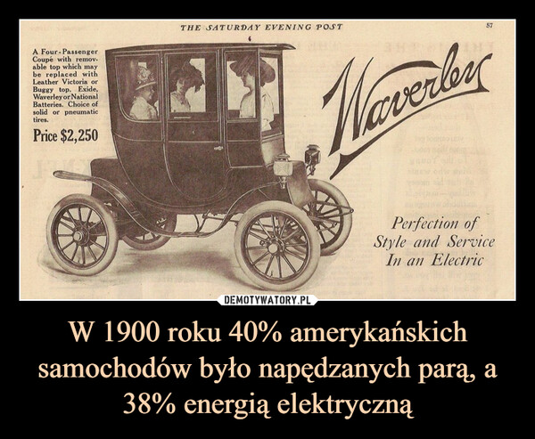 W 1900 roku 40% amerykańskich samochodów było napędzanych parą, a 38% energią elektryczną –  