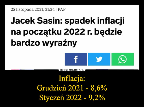 Inflacja:Grudzień 2021 - 8,6%Styczeń 2022 - 9,2% –  25 listopada 2021, 21:24 i PAP Jacek Sasin: spadek inflacji na początku 2022 r. będzie bardzo wyraźny