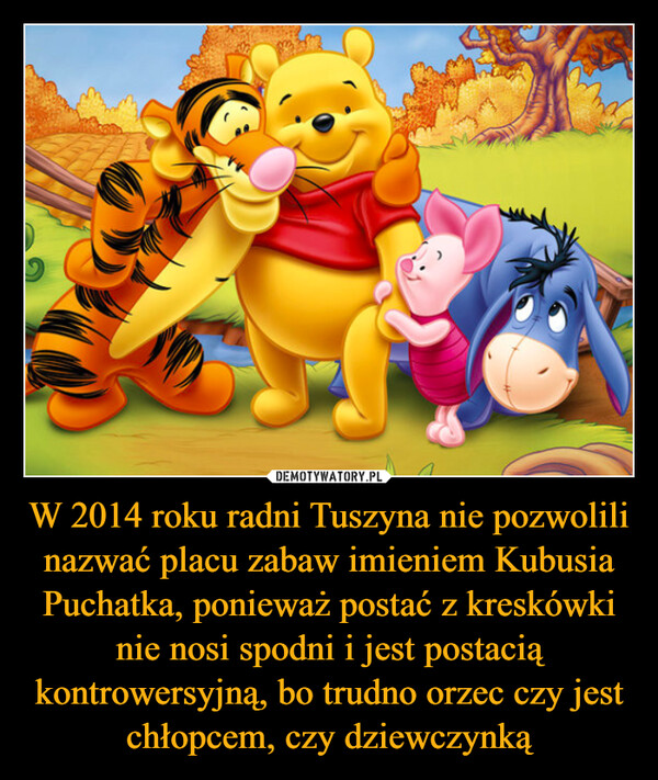 W 2014 roku radni Tuszyna nie pozwolili nazwać placu zabaw imieniem Kubusia Puchatka, ponieważ postać z kreskówki nie nosi spodni i jest postacią kontrowersyjną, bo trudno orzec czy jest chłopcem, czy dziewczynką –  