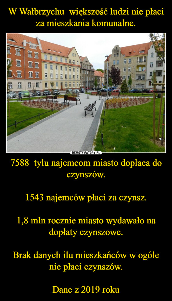 W Wałbrzychu  większość ludzi nie płaci za mieszkania komunalne. 7588  tylu najemcom miasto dopłaca do czynszów.

1543 najemców płaci za czynsz.

1,8 mln rocznie miasto wydawało na dopłaty czynszowe.

Brak danych ilu mieszkańców w ogóle nie płaci czynszów.

Dane z 2019 roku