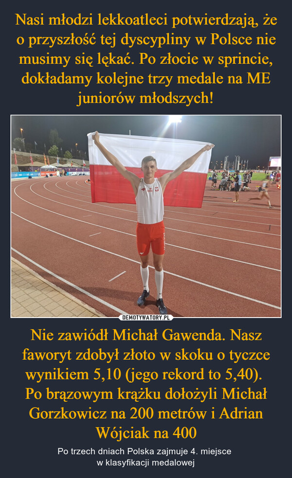 Nasi młodzi lekkoatleci potwierdzają, że o przyszłość tej dyscypliny w Polsce nie musimy się lękać. Po złocie w sprincie, dokładamy kolejne trzy medale na ME juniorów młodszych! Nie zawiódł Michał Gawenda. Nasz faworyt zdobył złoto w skoku o tyczce wynikiem 5,10 (jego rekord to 5,40). 
Po brązowym krążku dołożyli Michał Gorzkowicz na 200 metrów i Adrian Wójciak na 400