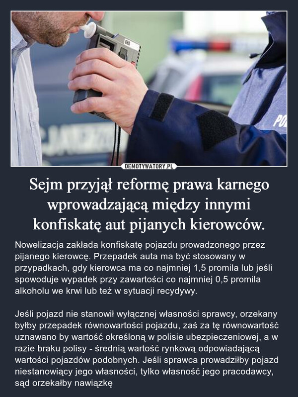 Sejm przyjął reformę prawa karnego wprowadzającą między innymi konfiskatę aut pijanych kierowców.