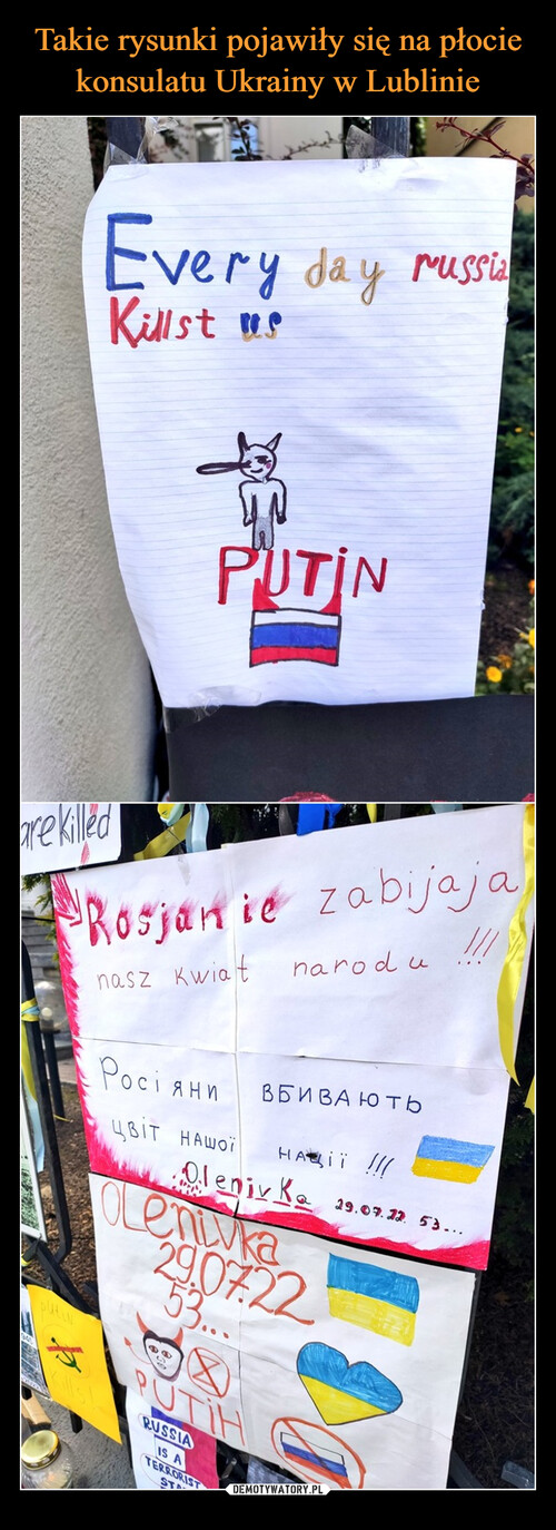 Takie rysunki pojawiły się na płocie konsulatu Ukrainy w Lublinie
