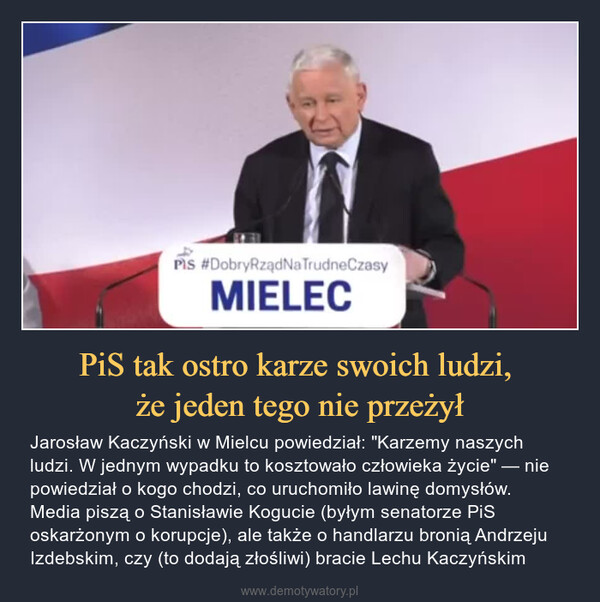PiS tak ostro karze swoich ludzi, że jeden tego nie przeżył – Jarosław Kaczyński w Mielcu powiedział: "Karzemy naszych ludzi. W jednym wypadku to kosztowało człowieka życie" — nie powiedział o kogo chodzi, co uruchomiło lawinę domysłów. Media piszą o Stanisławie Kogucie (byłym senatorze PiS oskarżonym o korupcje), ale także o handlarzu bronią Andrzeju Izdebskim, czy (to dodają złośliwi) bracie Lechu Kaczyńskim 