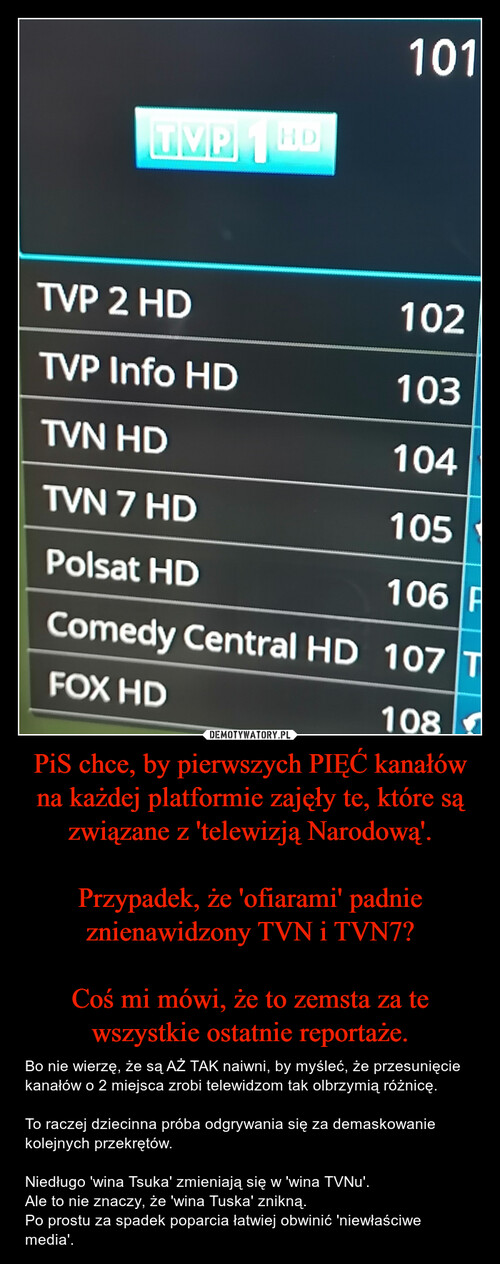 PiS chce, by pierwszych PIĘĆ kanałów na każdej platformie zajęły te, które są związane z 'telewizją Narodową'.

Przypadek, że 'ofiarami' padnie znienawidzony TVN i TVN7?

Coś mi mówi, że to zemsta za te wszystkie ostatnie reportaże.