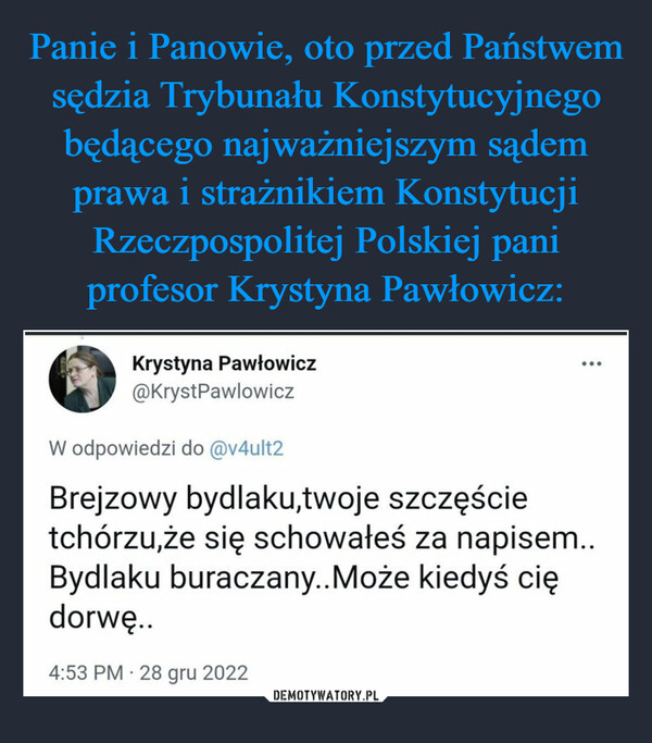 Panie i Panowie, oto przed Państwem sędzia Trybunału Konstytucyjnego będącego najważniejszym sądem prawa i strażnikiem Konstytucji Rzeczpospolitej Polskiej pani profesor Krystyna Pawłowicz: