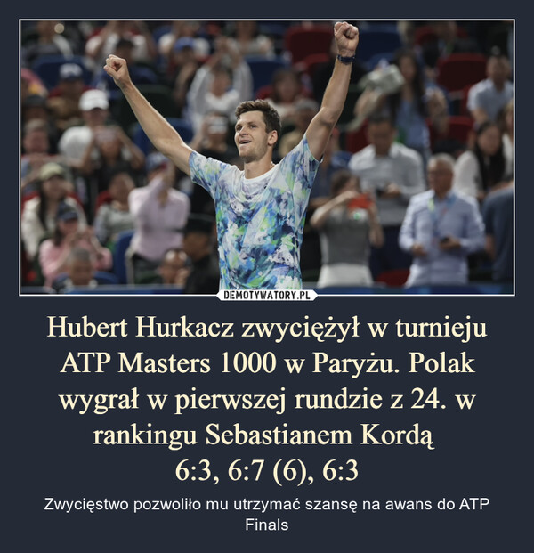 Hubert Hurkacz zwyciężył w turnieju ATP Masters 1000 w Paryżu. Polak wygrał w pierwszej rundzie z 24. w rankingu Sebastianem Kordą 
6:3, 6:7 (6), 6:3