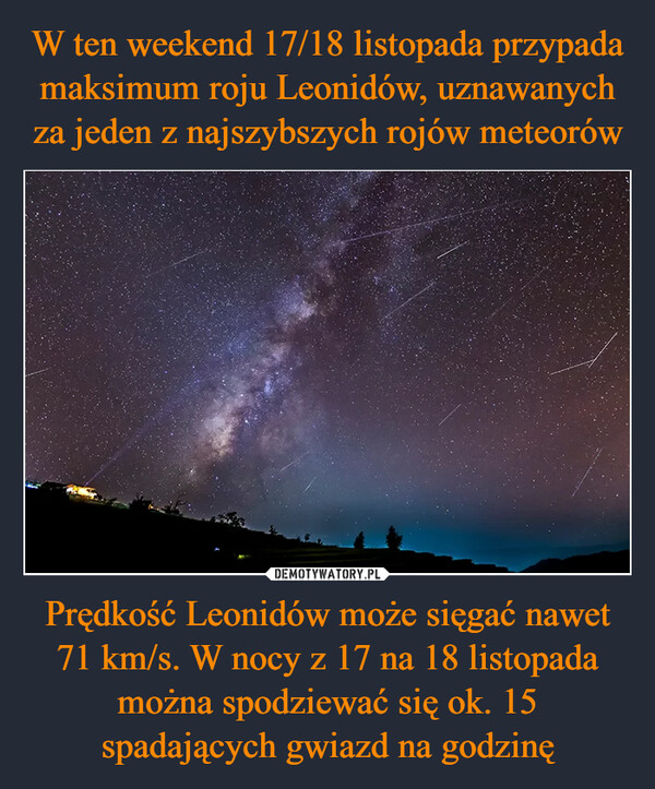 W ten weekend 17/18 listopada przypada maksimum roju Leonidów, uznawanych za jeden z najszybszych rojów meteorów Prędkość Leonidów może sięgać nawet 71 km/s. W nocy z 17 na 18 listopada można spodziewać się ok. 15 spadających gwiazd na godzinę