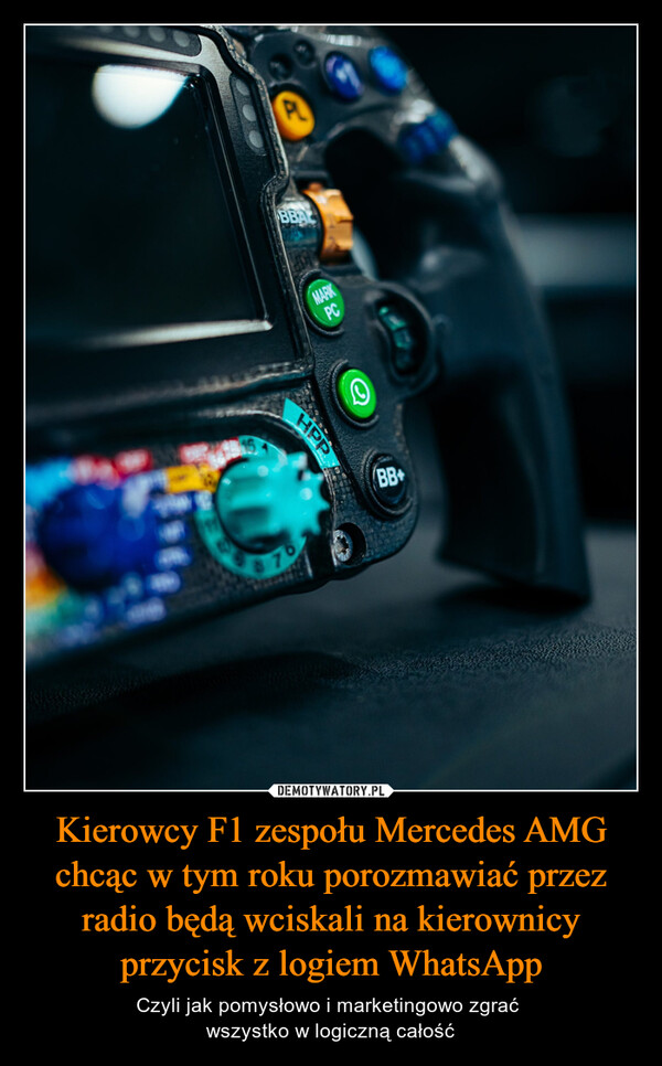 Kierowcy F1 zespołu Mercedes AMG chcąc w tym roku porozmawiać przez radio będą wciskali na kierownicy przycisk z logiem WhatsApp – Czyli jak pomysłowo i marketingowo zgrać wszystko w logiczną całość 15PLHPP870MARKPCОBB+
